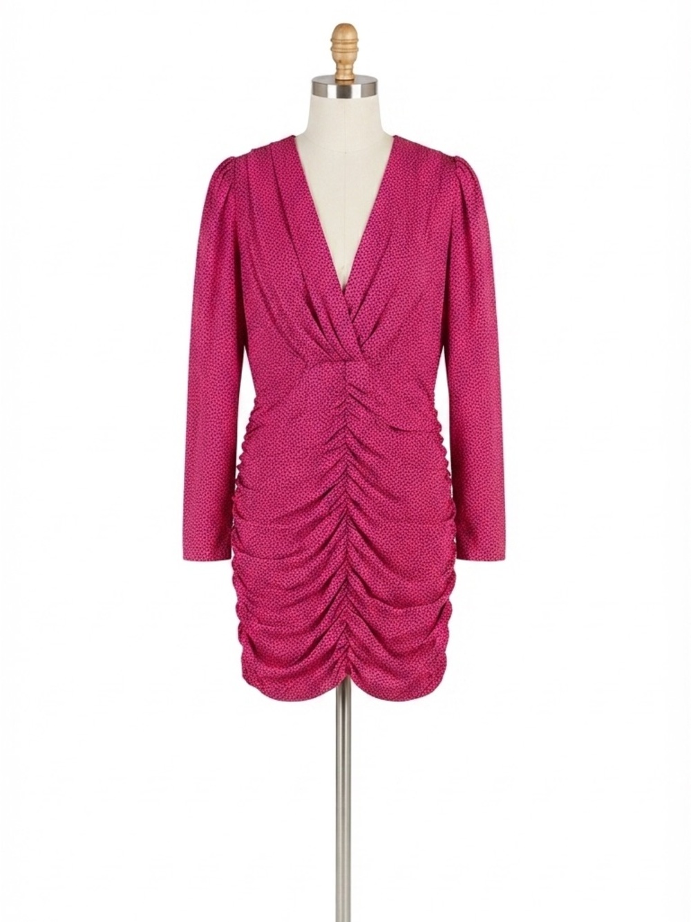 Zara Hot Pink Ruched V-Neck Long Sleeve Dress size M
